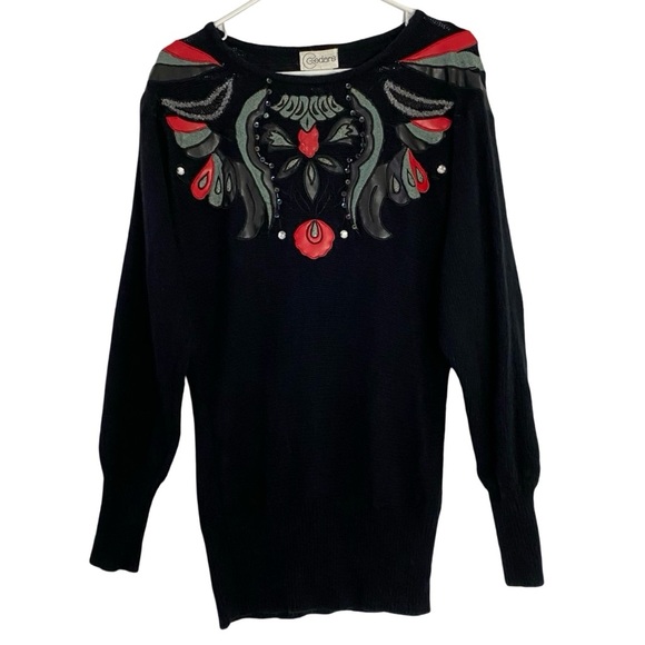Vintage 90s Sweater Womens Size Small Dolman Beaded Leather Tunic Black Red - Picture 1 of 8